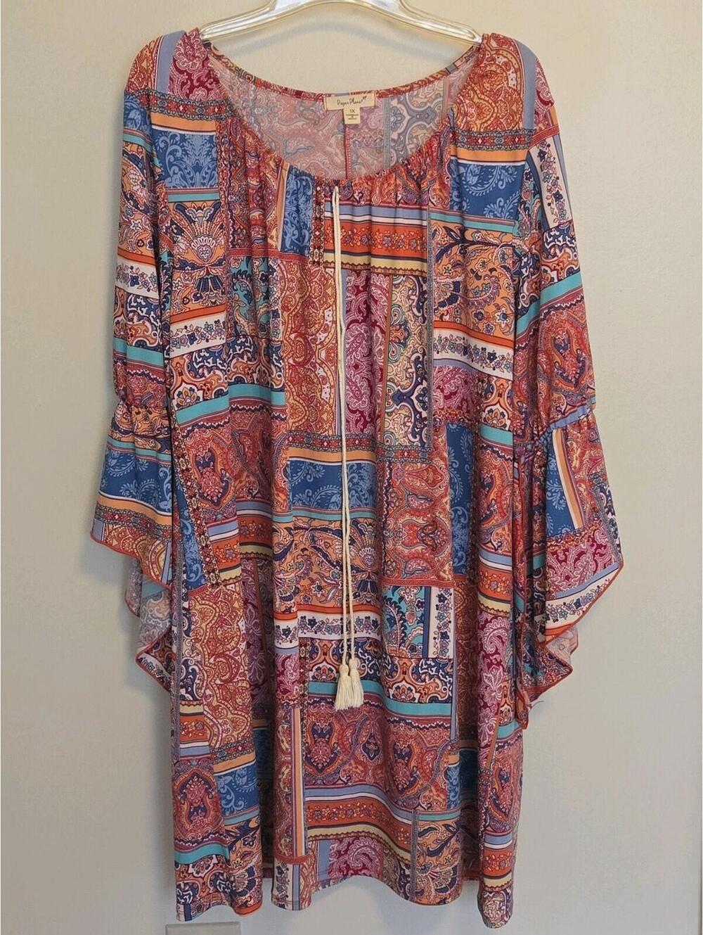 Paper Plane Patchwork Women's Dress Plus Sz 1X Multicolor Bell Sleeve Artsy Boho